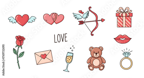 Collection of cute and charming Valentine's Day icons and symbols, including a winged heart, paired hearts, cupid's bow and arrow, gift box, red rose, love letter, champagne glass, teddy bear, lips