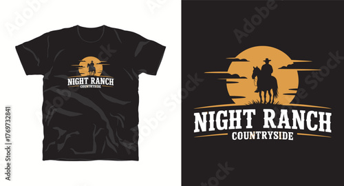 Night Ranch T-Shirt Design: Silhouette of Cowboy on Horseback Against a Setting Sun or Moon, Countryside Apparel Graphic, Farm Ranch Lifestyle Tee