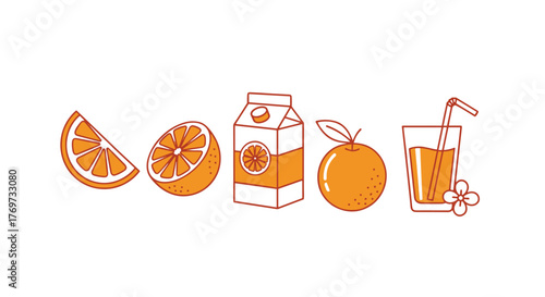 A vibrant collection of stylized orange-themed icons on a black background, featuring orange slices, a whole orange, a carton of orange juice, and a glass of orange juice with a straw and a