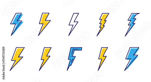 Collection of ten stylized lightning bolt icons in blue and yellow, set against a black background, representing energy, power, and electricity with a vibrant, graphic design aesthetic suitable for