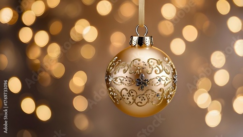Golden christmas ball hanging from string on gold background with bo lights.