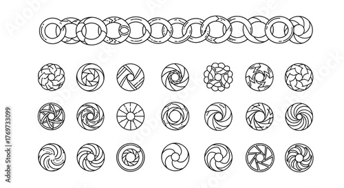 A striking collection of abstract circular geometric patterns and a seamless chain link border, rendered in a distressed white line art style against a stark black background, perfect for graphic