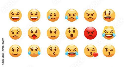 A vibrant collection of 18 diverse emoji faces, showcasing a spectrum of emotions from joy and laughter to sadness, anger, and surprise, presented against a stark black background for maximum visual