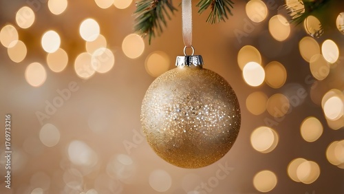 Golden christmas ball hanging on tree branch with blurred lights in the.