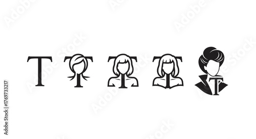 Set of five stylized icons representing the letter T integrated with female silhouettes, showcasing different hairstyles and a formal updo, suitable for branding, logos, or design elements.