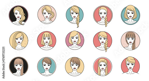 Collection of diverse female hairstyles presented in circular frames, showcasing various cuts and styles from elegant waves and braids to chic bobs and modern asymmetrical looks, ideal for beauty and