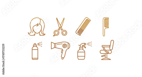Golden line art icons representing hairdressing and beauty salon essentials, including a female hairstyle, scissors, combs, hairspray, a hairdryer, a spray bottle, and a barber chair, all set against