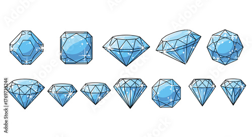 Collection of sparkling blue diamonds in various cuts and facets, rendered in a cartoonish style with a black background, symbolizing luxury, wealth, and preciousness, perfect for graphic design and