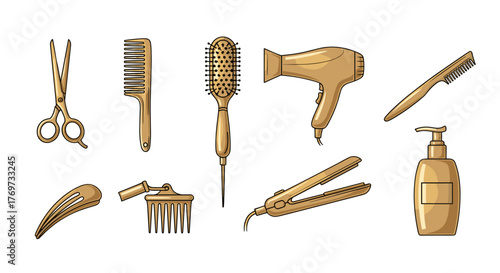 A collection of golden hair salon tools and accessories arranged on a black background, including scissors, combs, a hair dryer, a flat iron, a hair clip, and a bottle of shampoo, perfect for beauty