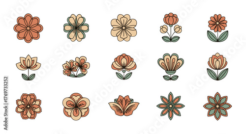 A collection of 15 stylized, retro-inspired floral illustrations in a warm, muted color palette of peach, beige, and sage green, set against a black background, perfect for graphic design and