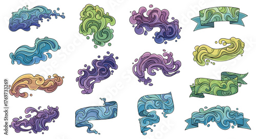 Collection of stylized, colorful liquid splashes and banners with swirling patterns, evoking a sense of fluid motion and abstract art, perfect for graphic design elements and backgrounds.