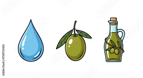 A vibrant and stylized illustration featuring three distinct elements: a clear blue water droplet, a ripe green olive with leaves, and a glass bottle filled with golden olive oil, presented against a