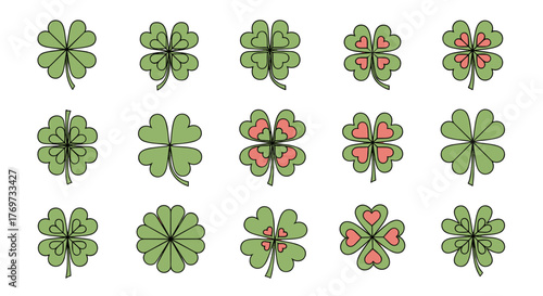 Collection of stylized four-leaf clovers, symbolizing luck and good fortune, presented in a grid format against a stark black background, featuring variations with heart-shaped petals and intricate