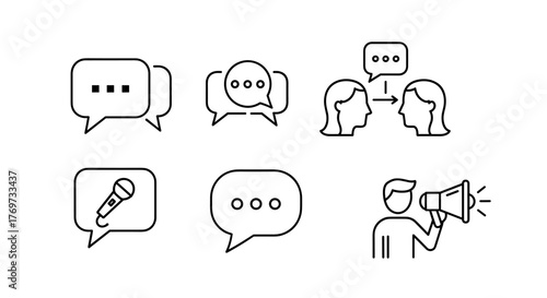 Set of six simple line art icons representing communication and dialogue, including speech bubbles with dots, a microphone in a speech bubble, two heads in conversation, and a person with a