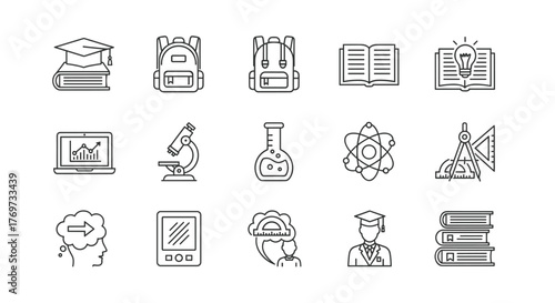 Set of 15 white line art icons on a black background representing education, science, and learning, including graduation cap on book, backpack, open book with lightbulb, laptop with chart