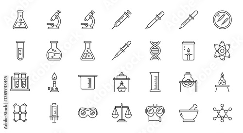 A comprehensive collection of science and laboratory icons, featuring essential equipment like microscopes, test tubes, beakers, pipettes, syringes, DNA strands, atomic models, Bunsen burners, scales