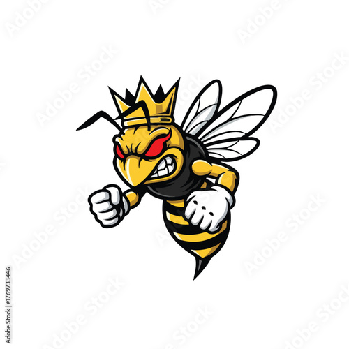 Fierce King Bee Mascot Character with Crown and Angry Expression