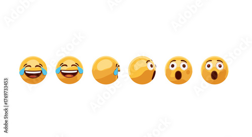 A vibrant collection of six distinct emoji faces, showcasing a range of emotions from extreme laughter with tears to shocked surprise, presented in a clean, modern 3D render against a stark black