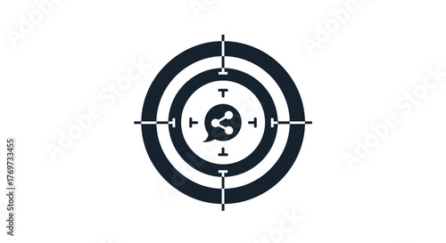 Abstract dark blue target symbol with a share icon inside, representing focus on communication, social media engagement, and digital networking, symbolizing precision in online interactions and data