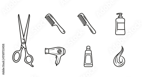 A collection of stylized line art icons representing hairdressing and barber tools, including scissors, combs, a hairdryer, and bottles of hair products, set against a black background, perfect for