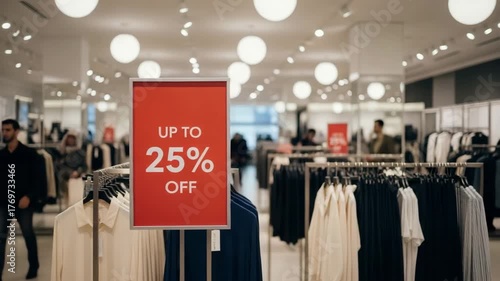 Up to 25 off sale sign in clothing store with garments and shoppers