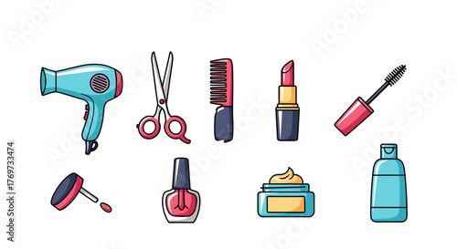 A vibrant collection of beauty and hair care essentials, including a hairdryer, scissors, comb, lipstick, mascara, nail polish, cream, and a bottle, all rendered in a clean, modern flat design style