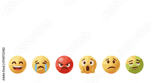 A diverse array of expressive emoji faces arranged in a horizontal line, showcasing a spectrum of emotions from joy and sadness to anger, surprise, and fatigue, rendered in a vibrant 3D style against