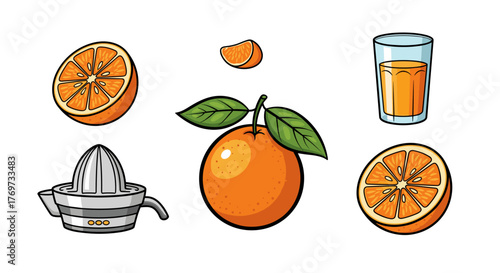 A vibrant and refreshing collection of orange-themed illustrations, featuring a whole orange with leaves, a glass of fresh orange juice, a manual citrus juicer, and sliced oranges, perfect for
