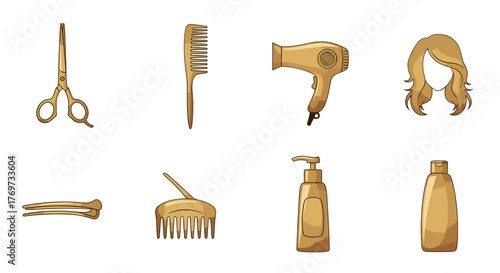 Golden collection of professional hairdressing tools and accessories, including scissors, comb, hair dryer, hair clips, hairspray bottle, shampoo bottle, and a stylish blonde wig, all presented on a