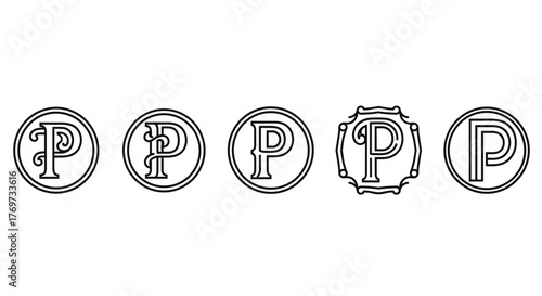 A collection of five distinct, stylized letter P monograms, each enclosed within a circular or decorative frame, presented in a clean, outline-style graphic design suitable for branding, logos, or