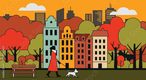 Woman in red coat walks small dog on leash in park with colorful autumn trees and city skyline