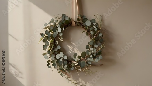 Wreath hanging on wall next to wooden pole with plant in the.