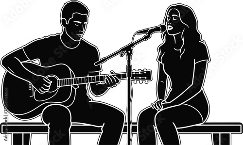 Musician duo performing together, man plays guitar, woman sings into microphone, creative collaboration
