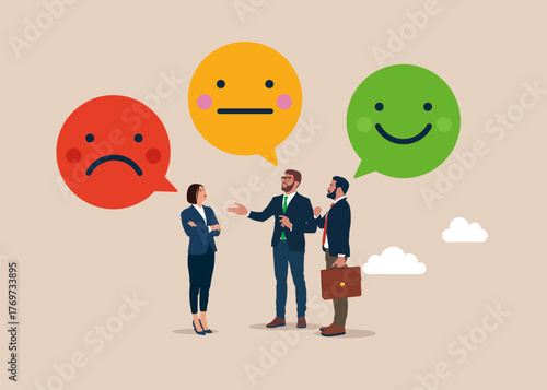 Business people discussing rating scale. The quality of a product or service, an opinion and a review to evaluate the result. Vector flat illustration