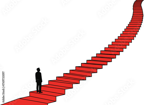 Silhouette of a person standing at the beginning of a long, winding red carpeted staircase leading upwards.