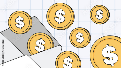 Money background with dollar coins and envelope