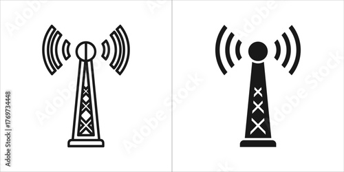 Two icons of a telecommunication tower, one outline and one filled