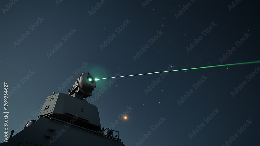 Fototapeta premium Futuristic beam weapon emits a bright green laser beam into the night sky, mounted on a vehicle. An orange orb is seen in the starry background of the night sky.