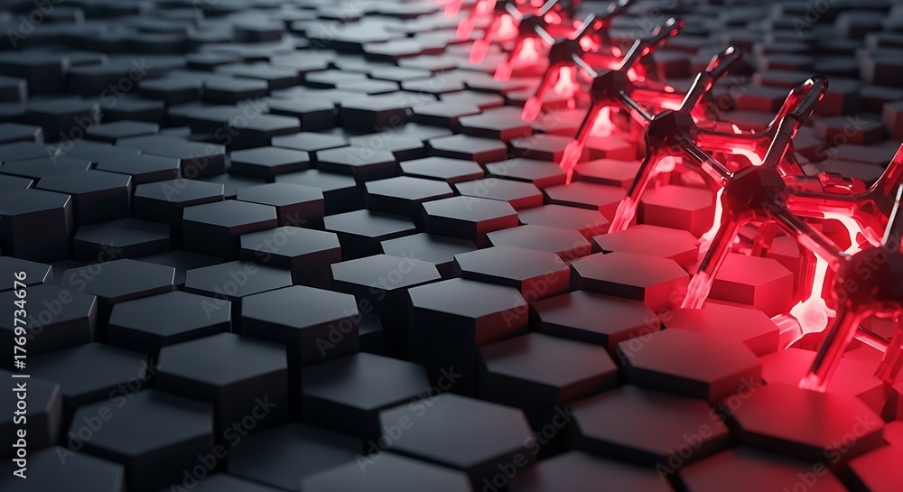 Obraz premium Abstract Hexagonal Grid with Glowing Red Spiky Structures background texture