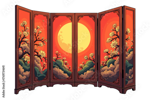 Chinese folding screen, ornate design, bright colors, nature scenery, artistic design on a transparent background