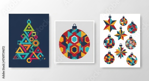 Geometric christmas tree and ornaments in retro style on white