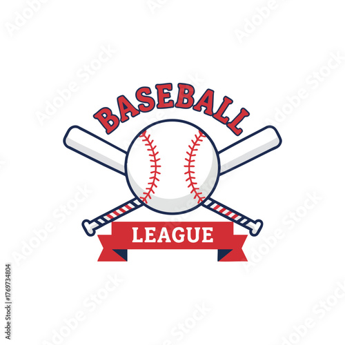 Baseball League Emblem With Crossed Bats and Red Ribbon Graphic Design