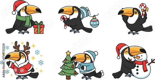 Whimsical Toucan Characters in Christmas and Winter Settings holiday festive