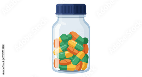 A clear jar filled with a variety of colorful pills and capsules.