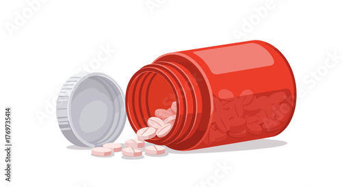 Pills spilling from a red medicine bottle with white lid.