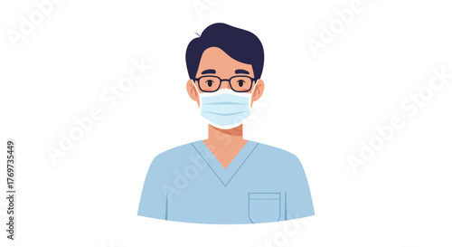 Illustration of a man wearing a surgical mask and glasses.