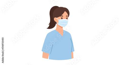 Illustration of a woman wearing a surgical mask and blue scrubs.