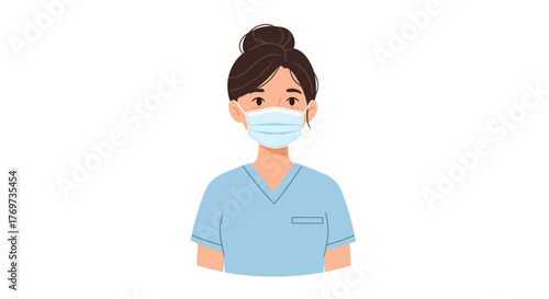 Illustration of a woman wearing a surgical mask and scrubs.