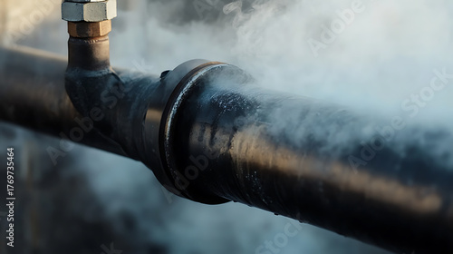 Close-up of a metal pipe with steam escaping, likely due to a leak or system malfunction. The pipe is dark in color, and the steam is white and billowy. Visible connection points suggest potential