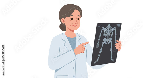 A doctor in a white coat is holding an X-ray of a human skeleton and pointing at it with her finger.